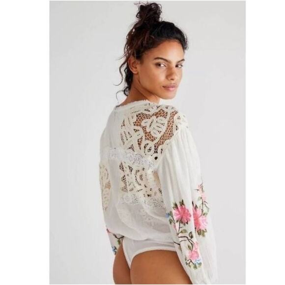 NWOT Free People Ivory Combo Making Harmony Embroidered Bodysuit Blouse- SML - Picture 4 of 10